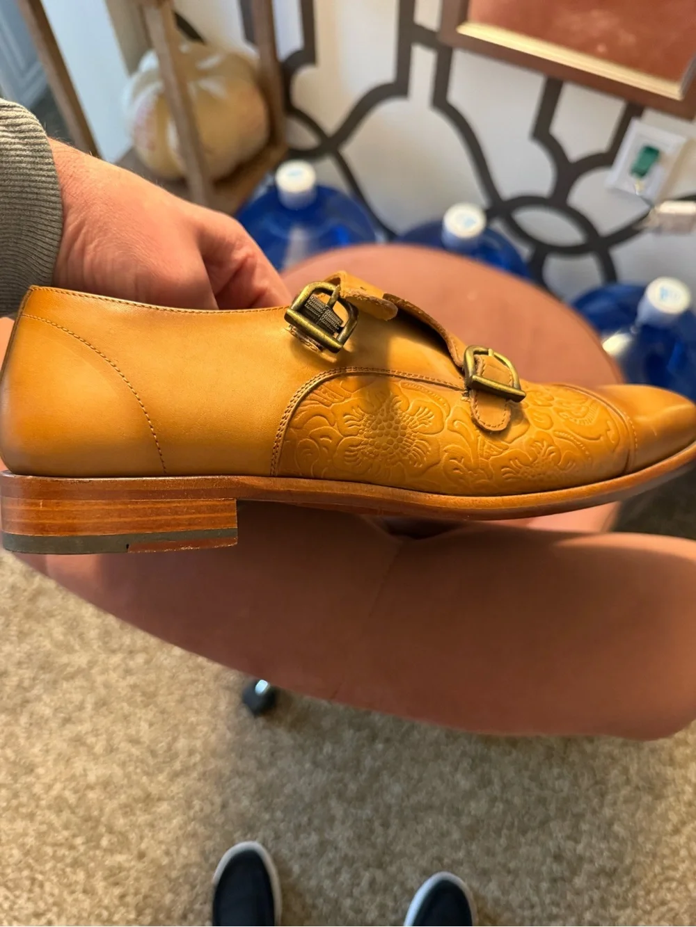 Taft Tan Leather Double Monk Strap Loafers with Embossed Detailing - Picture 2 of 5